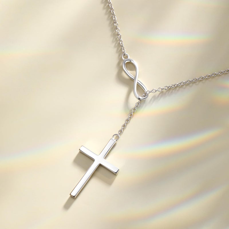 FANCIME White Gold Plated 925 Sterling Silver High Polished Infinity Cross Pendant Lariat Necklace Y Necklace Gift for Women, 18" - Image 4